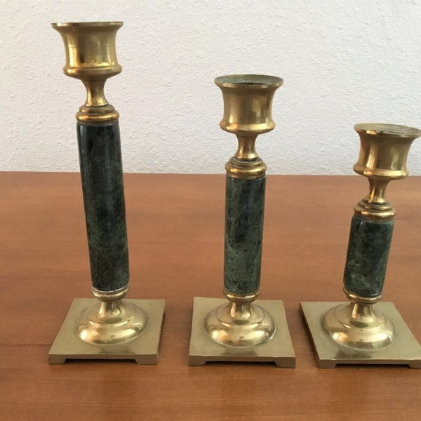 Brass Candle Stick Trio Taper Candlesticks Set of 3 Brass and Faux Green Marble