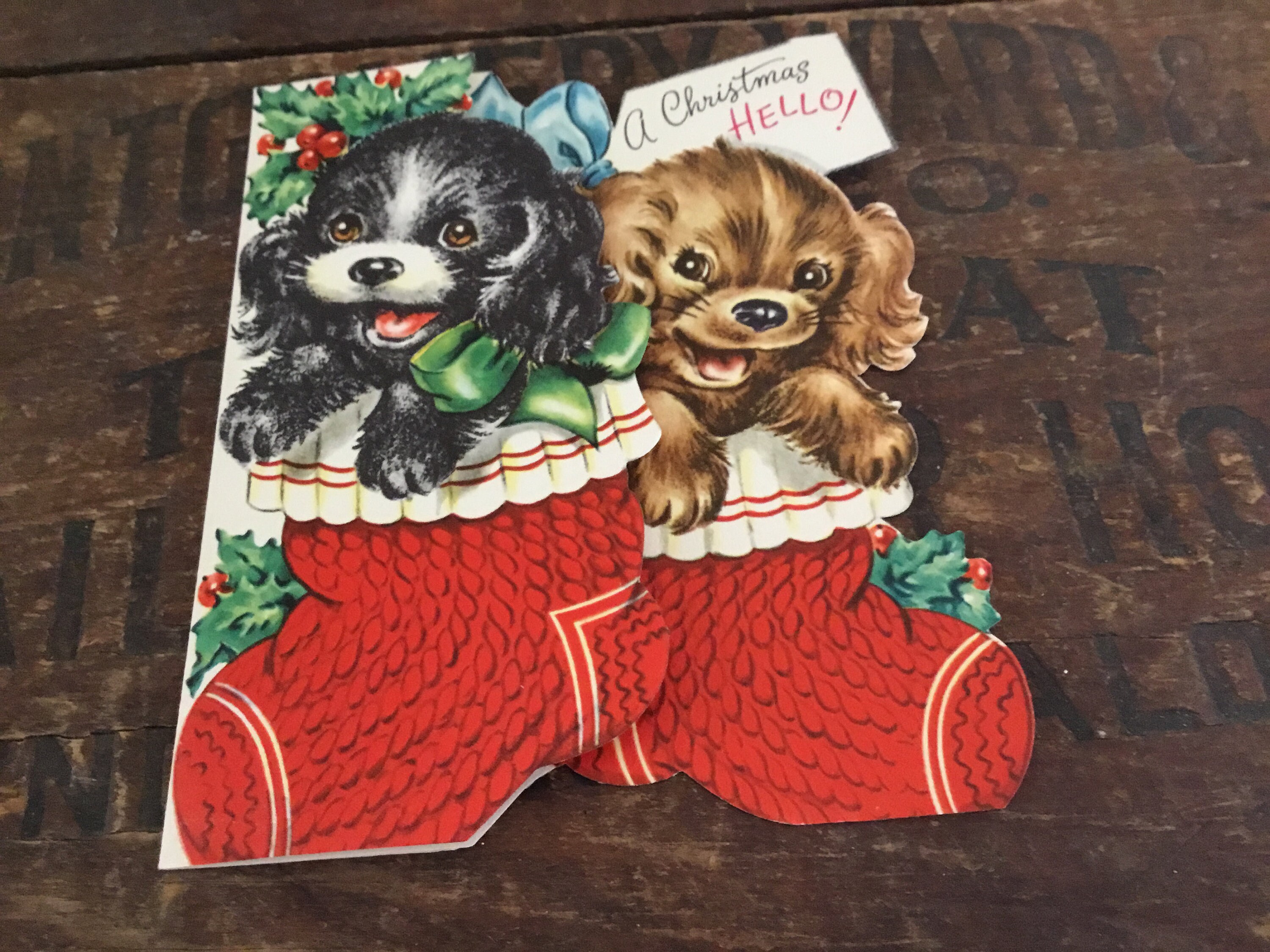 Navidad tarjeta cachorros en medias sin usar Vintage tarjeta | Etsy
