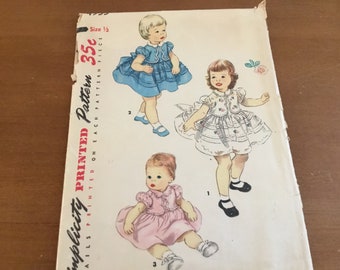 1950's Girls Dress Pattern Size 1/2 or 6 Months Simplicity Pattern # 4955 Mid Century Infant Dress