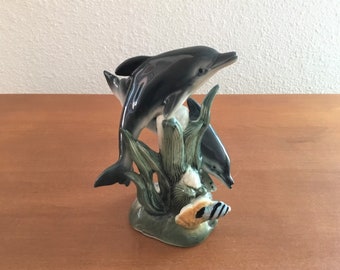 Dolphin Figurine Mid Century Modern Swimming Dolphins Under Water Scene