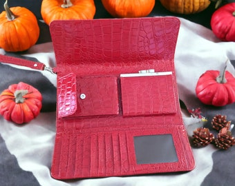 Red Clutch Purse Red Clutch Wallet Red Faux Reptile Wrist Strap Wallet