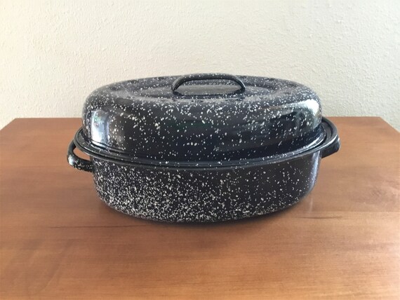 Enamelware Blue and White Speckled Ham Roaster Roasting Pan-Small