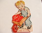 Antique Valentine Card Wheelbarrow of Hearts