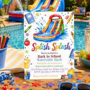 Back to School Waterslide Party Invitation, End of Summer Pool Party Invite (Editable Template)