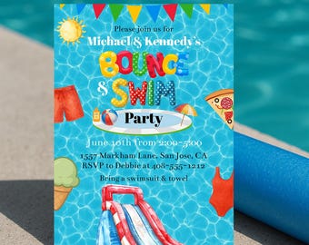 Editable Pool Party Bounce House Waterslide Invitation Template Printable Water Slide Birthday Invite Bounce House Birthday Invitation Corjl
