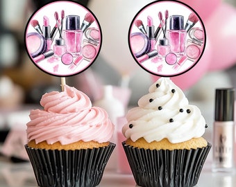 Adornos para cupcakes de maquillaje, decoraciones para fiestas de spa y mimos, decoración para fiestas de spa glam para niñas, descarga instantánea, cupcakes de cosméticos, SPPP