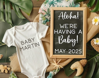 Anuncio de embarazo tropical Aloha Vamos a tener un bebé Redes sociales Revelación de bebé Letrero Texto Correo electrónico Género neutro Bebé hawaiano Corjl PATH