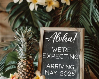 Anuncio de embarazo Aloha Tropical Hawaiano Redes sociales Anuncio de bebé Estamos esperando Texto Correo electrónico Revelación de bebé Niño o niña Corjl TPAH