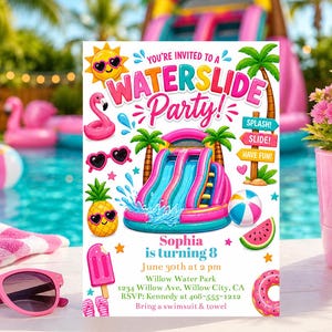 May include: A vibrant invitation for a waterside party, with a pink and blue waterslide, a smiling sun, and a flamingo. The invitation includes the text "You're invited to a Waterslide Party!" and party details.