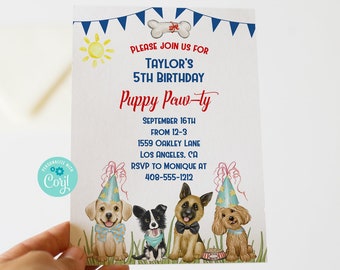 Editable Puppy Party Invitation, Dog Birthday, Dog Party, Puppy Pawty, Puppy Birthday, Corjl, Printable Invitation, Instant Download, PAWR