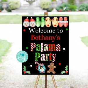 Editable Holiday Pajama Party Welcome Sign, Christmas Eve Slumber Party, Christmas Birthday Party, Winter Birthday, Printable, Corjl, CHPP