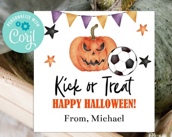 Editable Soccer Halloween Tag, Kick or Treat, Halloween Soccer Party, Soccer Favors, Soccer Game Treats, Printable, Corjl, Instant Download