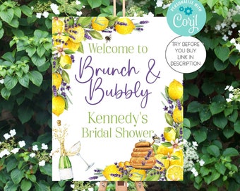 Lemon and Lavender Brunch and Bubbly Wedding Shower Welcome Sign Template Lemon Bridal Shower Sign Shower Decorations Corjl Editable LLHB