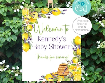 Lemon and Lavender Baby Shower Welcome Sign Template Lemon Baby Shower Lavender and Honey Baby Shower Decorations Corjl Editable LLHB