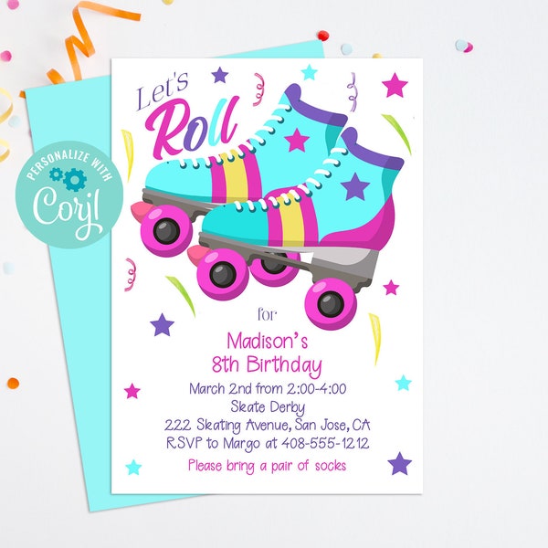 Editable Rollerskate Invitation, Skating Party, Printable Invitation, Corjl, Digital Download, Skating Birthday, Girls Birthday, RSBP