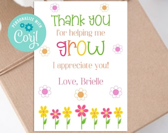 Personalized Thank You For Helping Me Grow Tag, Teacher Appreciation Tag, Gift For Teacher, Daycare Gift, Printable School Tag, Corjl