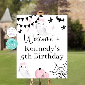 Hey Boo Pastel Pink and Black Ghost Birthday Party Welcome Sign Pink Pumpkin Girls Halloween Birthday Party Decorations Corjl Editable HEBP
