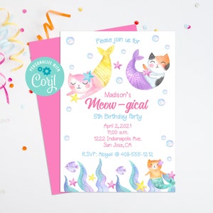 Editable Mercat Invitation, Mermaid Cat, Purrmaid, Corjl, Birthday Invite, Printable, Under the Sea Party, Cat Birthday, Instant, MCBP