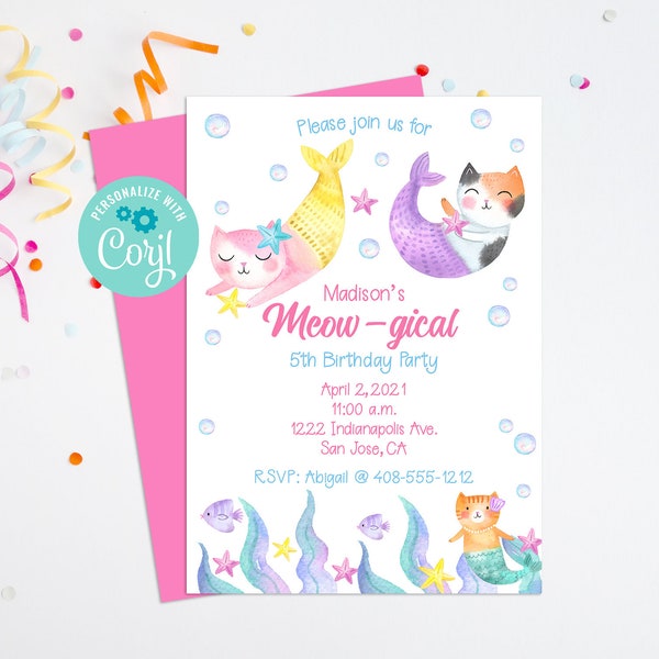 Invitation Mercat modifiable, Chat sirène, Purrmaid, Corjl, Invitation d’anniversaire, Imprimable, Under the Sea Party, Anniversaire de chat, Instantané, MCBP