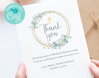 Editable Baptism Thank You Card, Baptism Thank You Note, Eucalyptus, Minimalist, Boho, Printable Card, Greenery, Corjl, Instant, EUBA