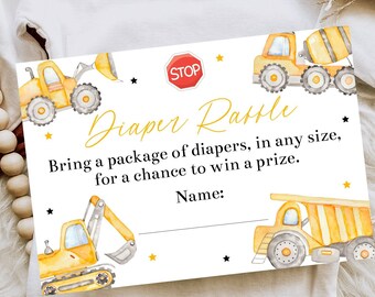 Construction Baby Shower Diaper Raffle Card, Dump Truck Baby Shower, Bull Dozer, Boy Baby Shower, Diaper Raffle Ticket, Shower Game, BUCS