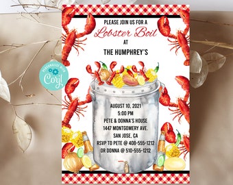 Editable Lobster Boil Invitation, Lobster Bake, Lobster Dinner, Lobster Party, Printable Invitation, Corjl, Instant Download, LBOP