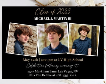 Printable Class of 2024 Graduation Party Photo Announcement Template, Editable Grad Party Invitation, Black and Gold 7x5, Corjl, #3100