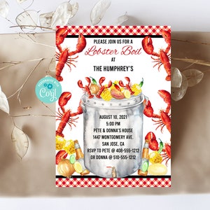 Editable Lobster Boil Invitation, Lobster Bake, Lobster Dinner, Lobster Party, Printable Invitation, Corjl, Instant Download, LBOP