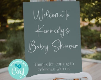 Sage Green Welcome Sign Template, Fully Editable Welcome Sign, Minimalist Baby Shower, Wedding Shower Sign, Modern Baby Shower, Corjl, SGBS