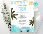 10th Birthday Invitation Surf Party Retro Beach Birthday Party 10th Birthday Invite 10th Birthday Party Surfboard Van Surfing Corjl TESU Il_170x135
