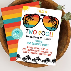 Editable TWO Cool Invitation, 2nd Birthday Invitation, Second Birthday, Invitation Template, Sunglasses Invitation, Corjl, Printable, TWOC