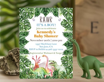 Editable Dinosaur Baby Shower Invitation Template RAWR It's a Boy Boy Baby Shower Invite Dino Baby Invite Corjl Printable Invitation DNRA