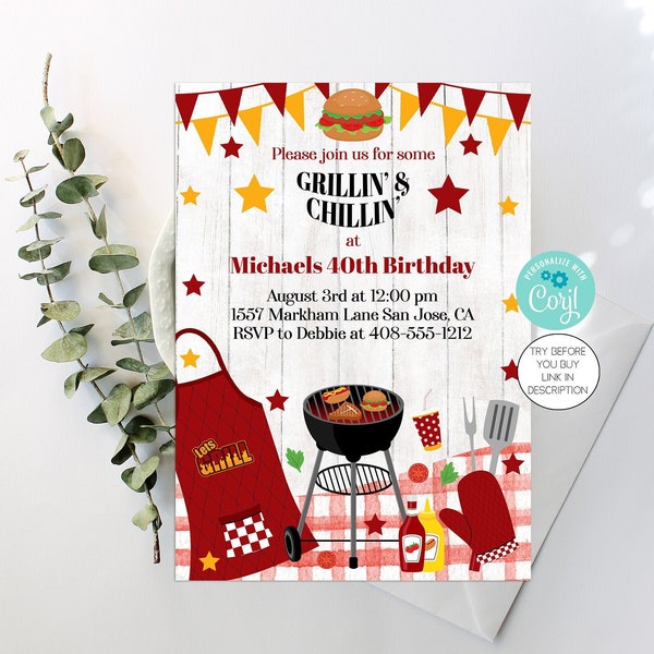 Chillin and Grillin BBQ Invitation Summer Birthday Barbeque Invite Summer BBQ Block Party Family Reunion Summer BBQ Editable Template Corjl