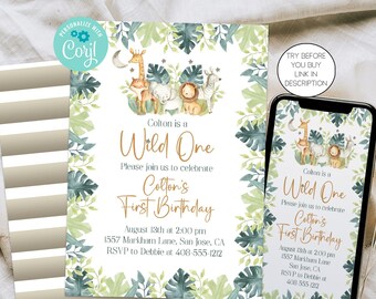 Wild One 1st Birthday Invitation Template, Safari 1st Birthday Party, Jungle First Birthday, Wild One Birthday, Printable, Corjl, WION