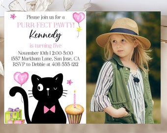 Editable Cat Birthday Party Invitation Template With Photo Printable Purrfect Pawty Cat Invite Kitten Birthday Girls Birthday Corjl BCBP