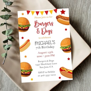 Editable Burgers and Dogs Party Invitation Template, Burgers and Hot Dogs Invite, Printable Fast Food Birthday Invitation, BBQ, Corjl, BUDG