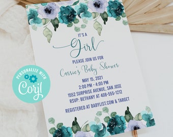 Editable Teal Blue and White Baby Shower Invitation Template, Teal Flowers, It's a Girl, Baby Shower Invite, Printable, Corjl, TWFB