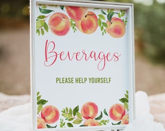 Printable Beverage Sign, Peach Baby Shower, Peach Bridal Shower, Drinks Sign, Baby Shower Decorations, Table Sign, Instant Download, SPBS