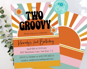 Editable Two Groovy Invitation Template For Second Birthday Party, Hippie Love Party For Two Year Old, 70's Party, Corjl, Printable, GROO