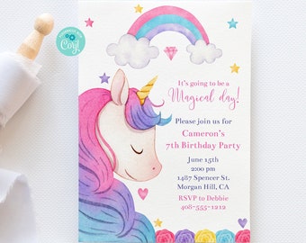 Unicorn Birthday Invitation, Editable Invitation Template, Unicorn Party, Unicorn Birthday, Unicorn Invite, Printable, Instant, Corjl, UNHB