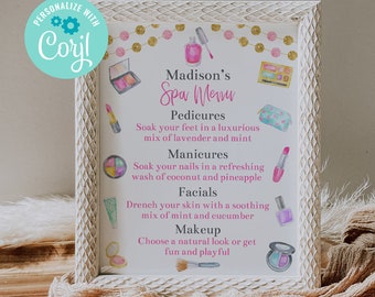 May include: A white framed sign with a pink and gold design. The sign says "Madison's Spa Menu" and lists different spa services like pedicures, manicures, facials, and makeup.