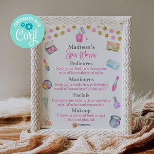 Editable Spa Menu, Spa Party Decorations, Spa Birthday, Makeup Party, Tween Birthday, Menu Template, Corjl, Printable Spa Party Menu, MASP