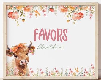 Highland Cow Favors Sign, Printable Cow Birthday Party Decor, Girls Birthday Party Favor Table Sign, Instant Download, Herd The Moos, HCHC