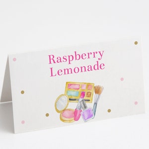 Tarjeta de comida o tarjeta de lugar editable para fiesta de maquillaje, decoración imprimible para fiesta de glamour con cosméticos, decoraciones de mesa para fiesta de maquillaje de niñas, Corjl, MASP
