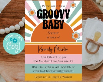 Editable Groovy Baby Shower Invitation Template, Hippie Baby Shower, Minimalist Invite, 70's Theme, Hippy, Corjl, Printable, Instant, GROO