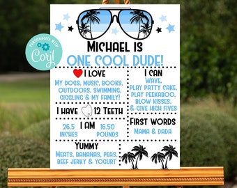Editable One Cool Dude Sign, Milestone Sign, 1st Birthday, First Birthday Party, Printable Sign, Corjl, Instant Download, Sunglasses, BLOC