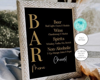 Fully Editable Bar Menu Sign Template, Black and Gold, Minimalist Bridal Shower, Modern Wedding Decorations, Corjl, Printable Bar Sign