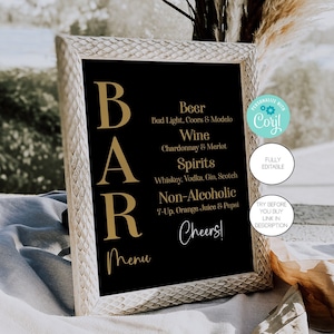 May include: A black framed sign with gold lettering that reads "BAR Menu" and lists different types of alcoholic and non-alcoholic beverages. The sign is sitting on a white surface.