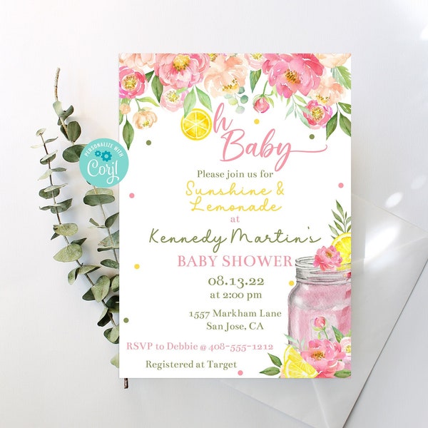 Editable Lemonade Baby Shower Invitation Template Oh Baby Pink Lemonade Invite Baby Shower Sprinkle Floral Sunshine and Lemonade Corjl PLOB