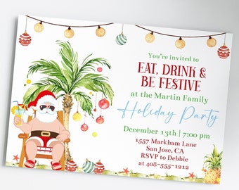 Plantilla editable de invitación para fiesta navideña con Papá Noel tropical, fiesta navideña, invitación para luau de invierno, invitación imprimible para fiesta navideña, Corjl